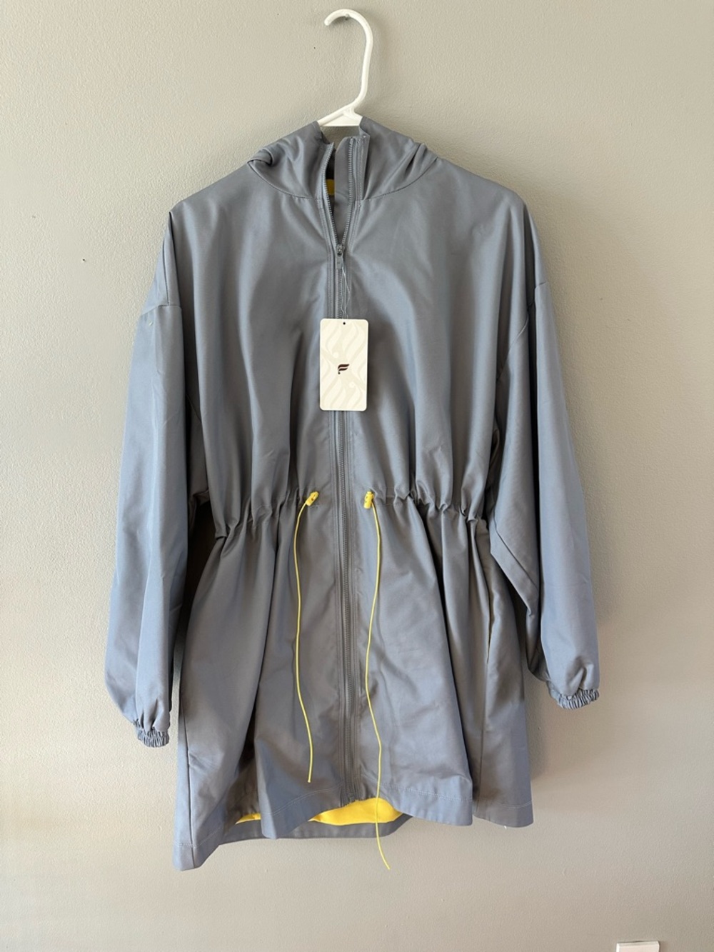 Fabletics Gray Hooded Drawstring Jacket with Yellow Accents